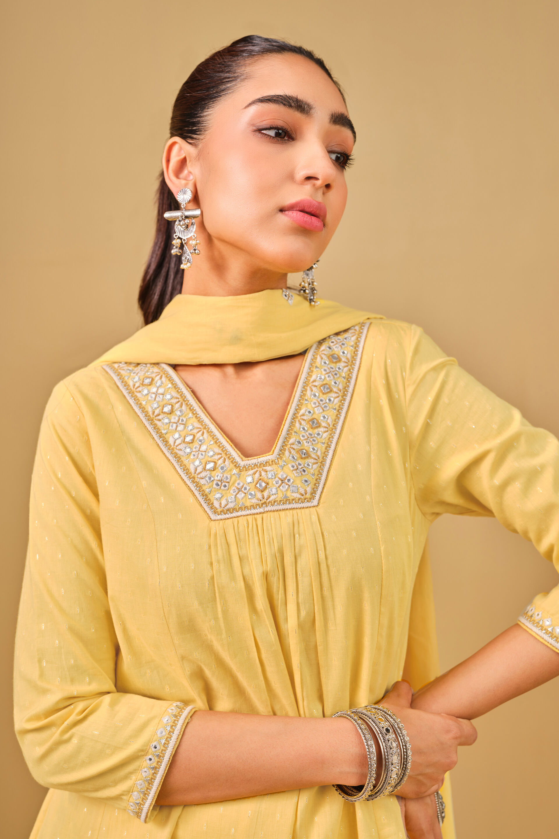 Yellow Mirror Embroidered Cotton Kurta Set, Yellow, image 6